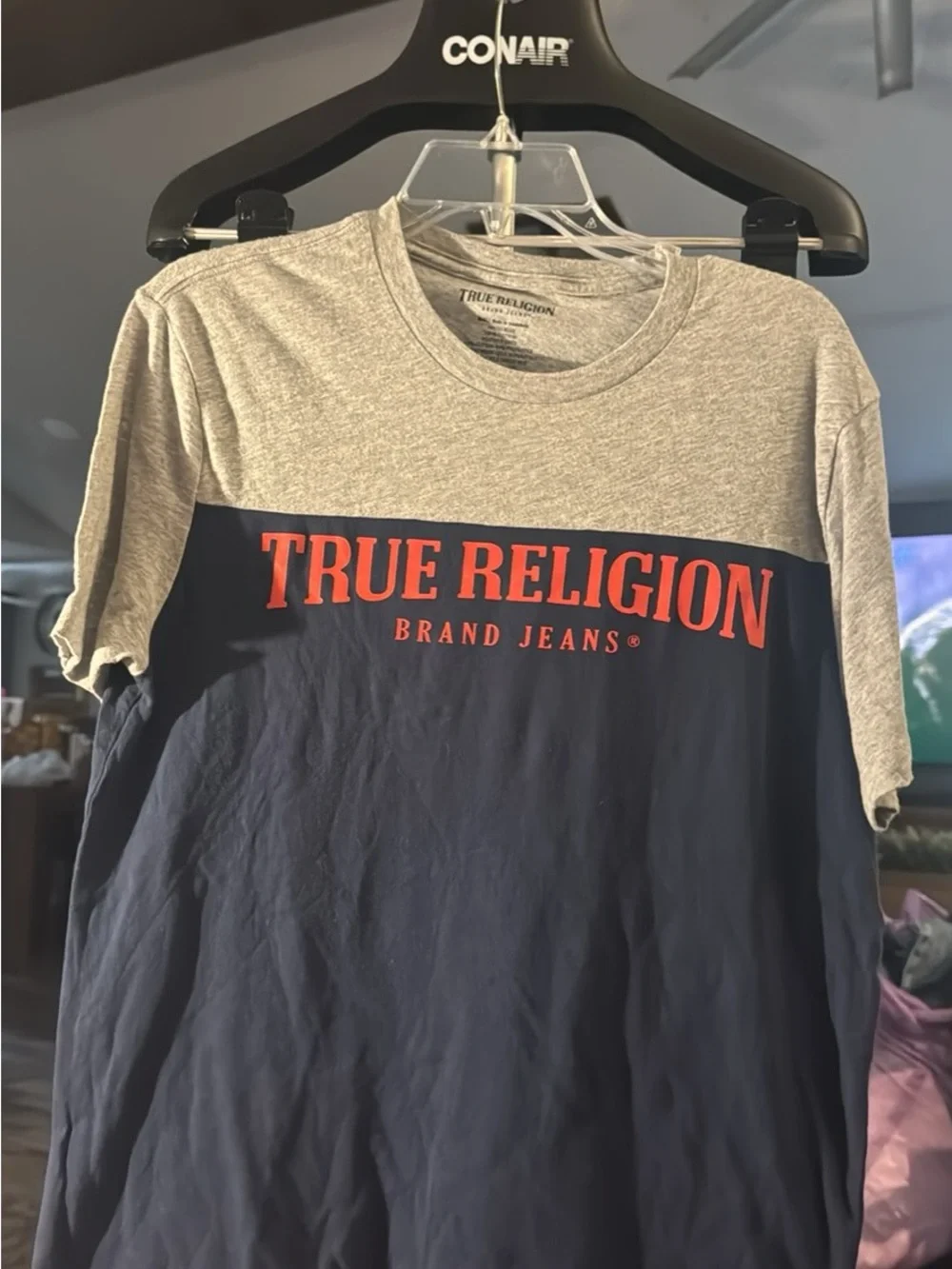 True Religion Two-Tone Navy and Gray Short Sleeve Tee with Red Logo#127